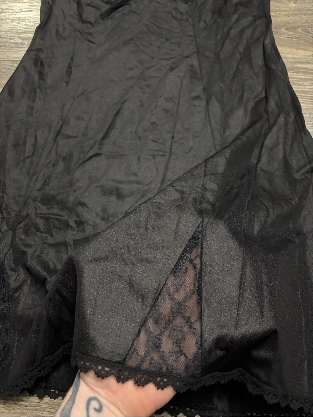 70s European Vintage Triumph Silky Lace Accent Midi Slip Dress (Black) Size M